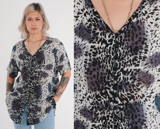90s Leopard Animal Print Button Up Blouse V Neck Short Sleeve Plus Size XXL