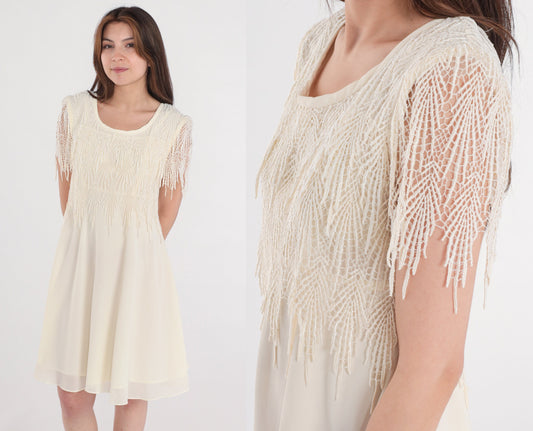 90s Cream Mini Dress Crochet Fringe Capelet Short Sleeve Small