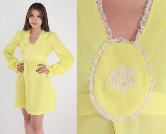 70s Yellow Babydoll Mini Dress Empire Waist Puff Sleeve Floral Small