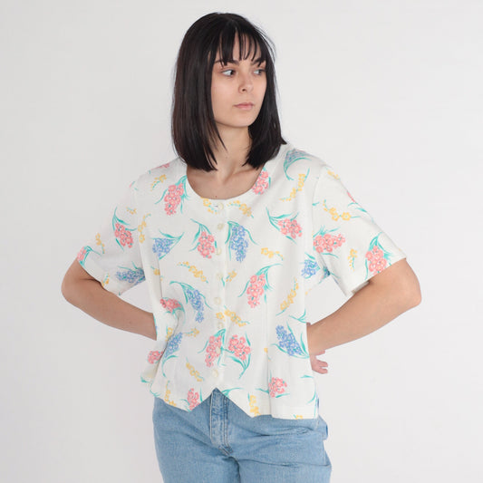80s Jaclyn Smith Sport White Floral Button-Up Blouse Short Sleeve Large L