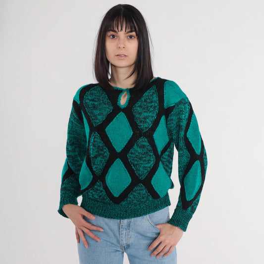 80s Diamond Sweater Black Green Keyhole Cutout Wool Blend Pullover Large