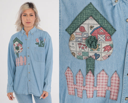 90s Blue Denim Shirt Floral Farm Patches Button-Up Long Sleeve Medium