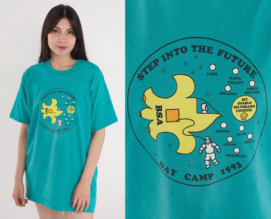 1993 Boy Scouts Mount Diablo Silverado Council Space Day Camp T-Shirt Green Large