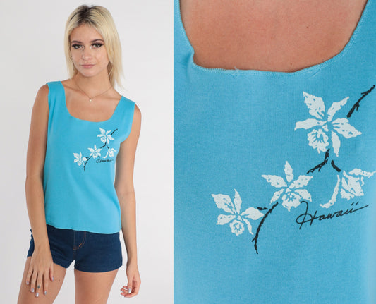 80s Hawaii Tropical Floral Tank Top Blue Orchid Graphic Sleeveless Small