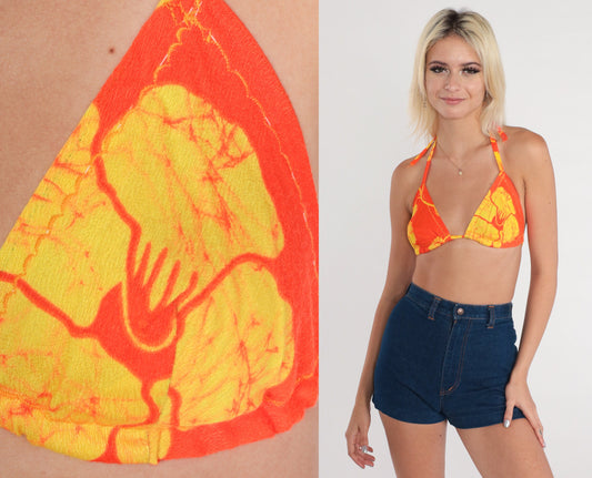 70s Tropical Floral Bikini Top Halter Neck Orange Yellow Triangle Small