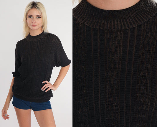 80s Black Cable Knit Short Sleeve Sweater Top Large L