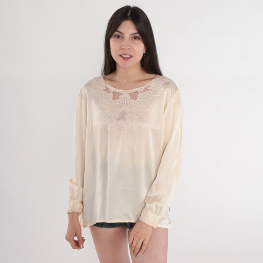 80s Cream Floral Embroidered Cutout Blouse Pink Flowers Medium