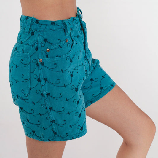 90s Teal Floral Embroidered Denim Shorts High Waist Small