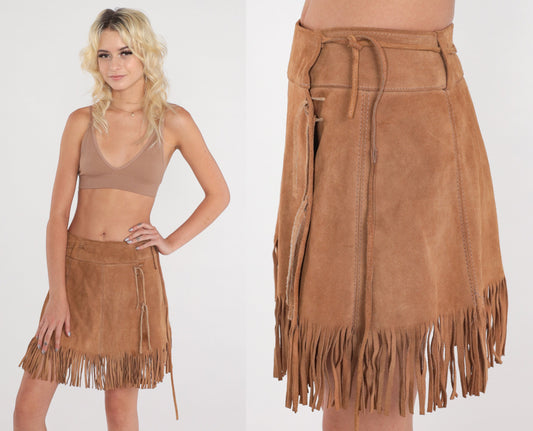 80s Brown Suede Fringe Mini Skirt Wrap High Waist Extra Small