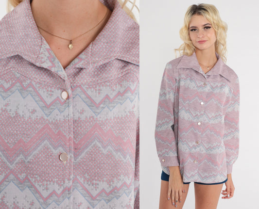 70s Zig Zag Striped Button-Up Shirt Pink Grey Dagger Collar Long Sleeve Large