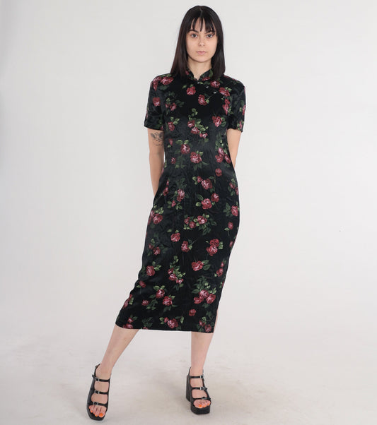 90s Jason Cody Cheongsam Midi Dress Black Floral Mandarin Collar Large