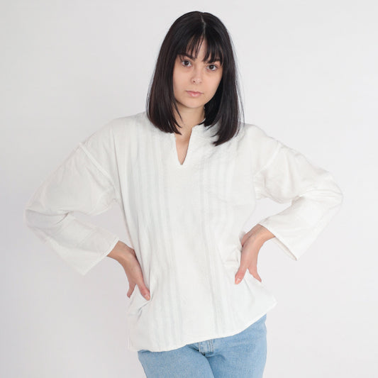 90s White Cotton Woven Blouse Long Sleeve V-Neck Medium M