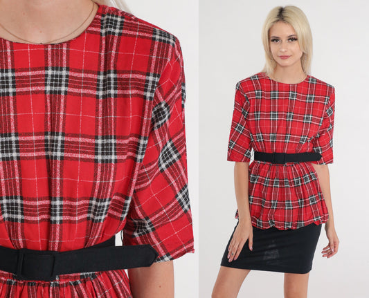 80s Bee Darlin Red Plaid Peplum Midi Dress Black Pencil Skirt Extra Small