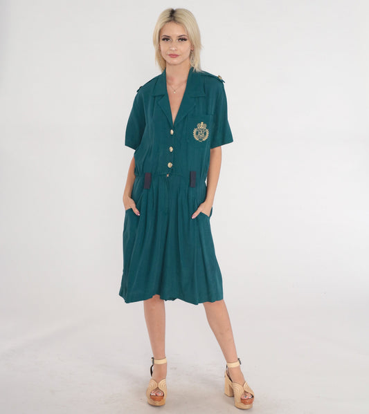 90s Nautical Teal Romper Wide Leg Button Up Epaulette Playsuit Large L