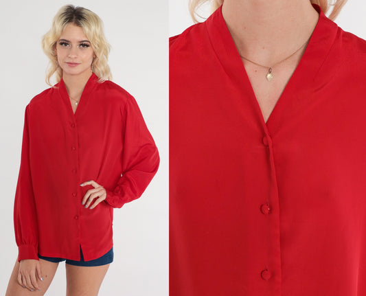 80s Pendleton Red Button-Up Blouse V-Neck Long Sleeve Medium