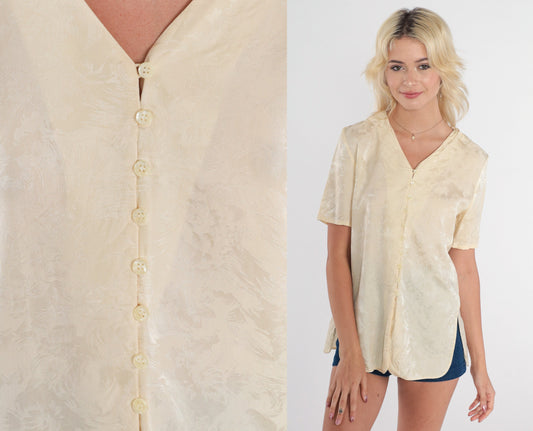90s Cream Silk Blouse Floral Embossed V-Neck Button-Up Short Sleeve Small