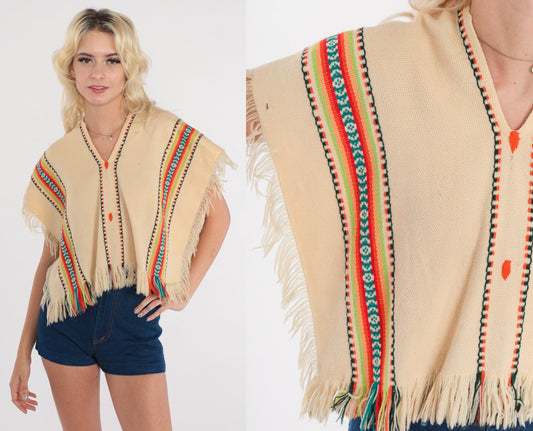 70s Cream Wool Poncho Southwestern Print Fringe Cape Small