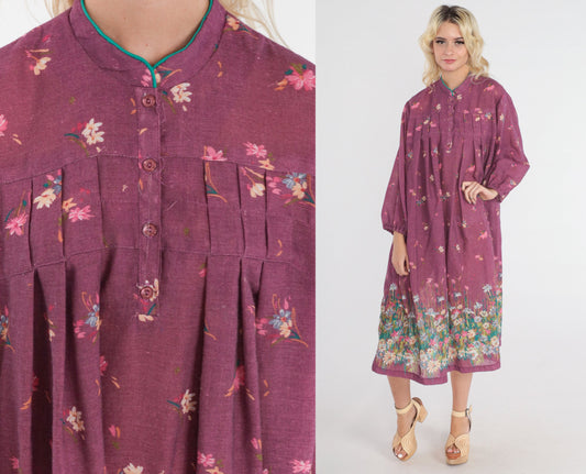 70s Wildflower Purple Floral Midi Dress Button-Up Long Sleeve Large