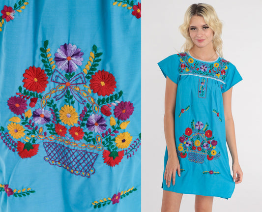 90s Mexican Floral Embroidered Mini Dress Blue Cotton Cap Sleeve Extra Small
