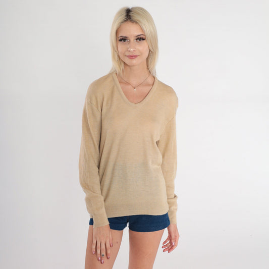 70s Tan V-Neck Knit Sweater Slouchy Pullover Small S
