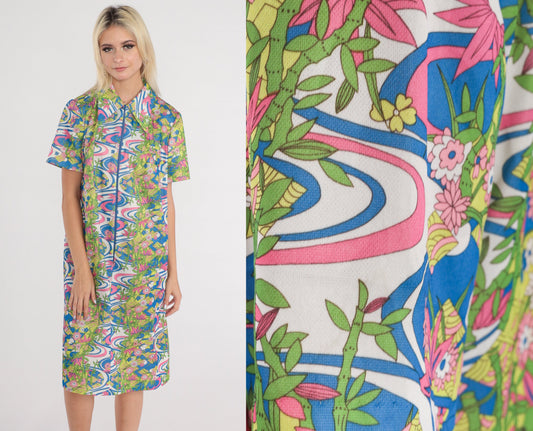 70s Psychedelic Floral Midi Shift Dress Zip Front Collar Short Sleeve Large L
