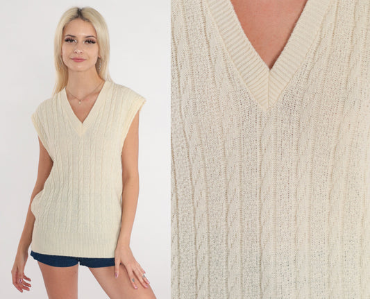 70s Cable Knit Sweater Vest Cream V-Neck Sleeveless Pullover Medium
