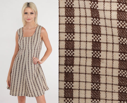 1960s Cream Brown Checkered Mini Dress Empire Waist Sleeveless Medium