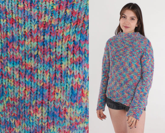 Y2K Space Dye Mockneck Sweater Multicolor Chunky Knit Pullover XS