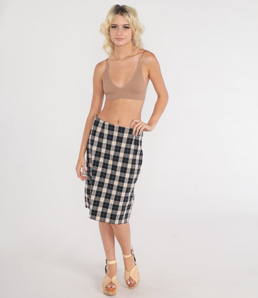 90s Checkered Mini Skirt Black Tan High Waist Pencil Skirt Medium