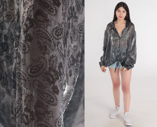 90s Iridescent Paisley Button-Up Blouse Pewter Sheer Long Sleeve Plus Size 26W