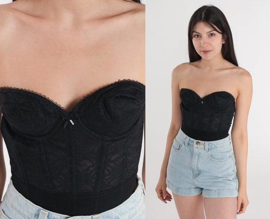 80s Black Lace Bustier Corset Boned Strapless Sweetheart Bra 32B