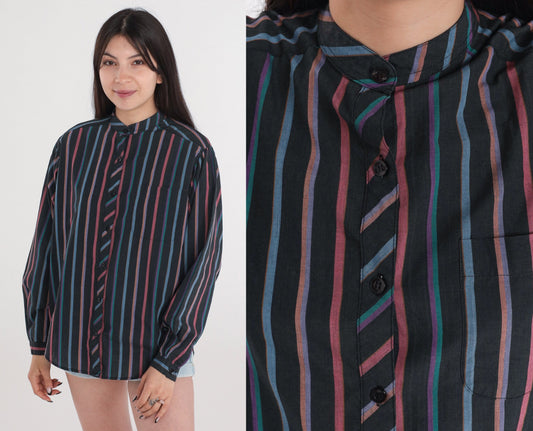 90s Black Striped Button-Up Blouse Chest Pocket Long Sleeve Medium