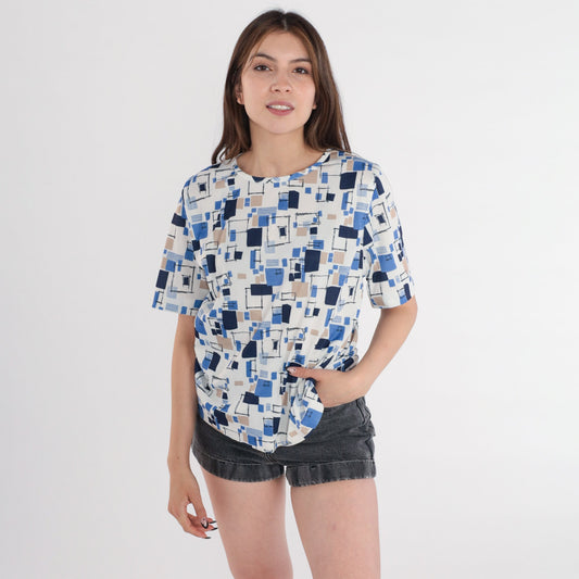 90s Geometric Square Print Blouse Short Sleeve White Blue Beige Large L