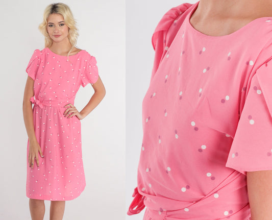 70s Pink Floral Midi Dress Puff Sleeve High Waist Tie Belt Knee Length Medium M