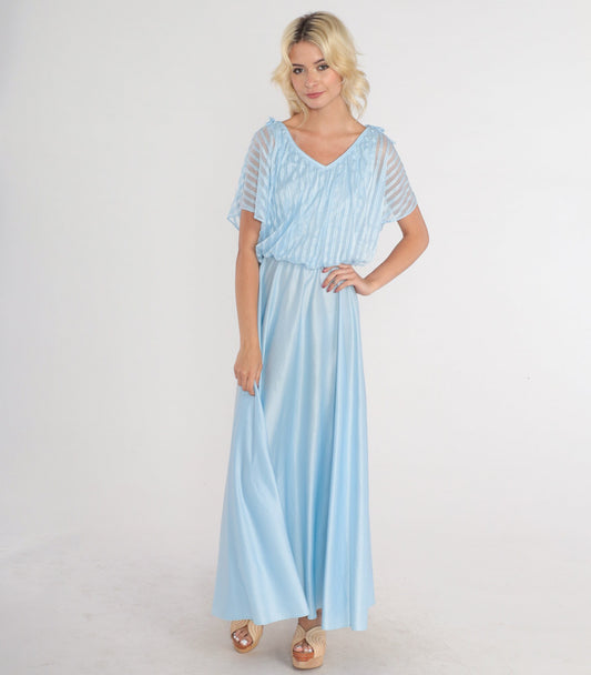 70s Baby Blue Maxi Dress Grecian High Waisted Flutter Sleeve Small XS