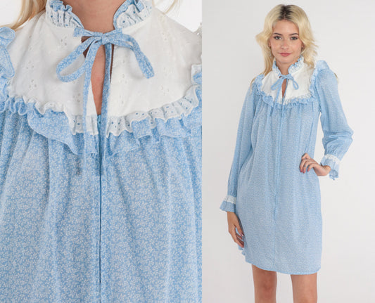 80s Blue Floral Mini Dress Eyelet Bib Puff Sleeve Calico Extra Small
