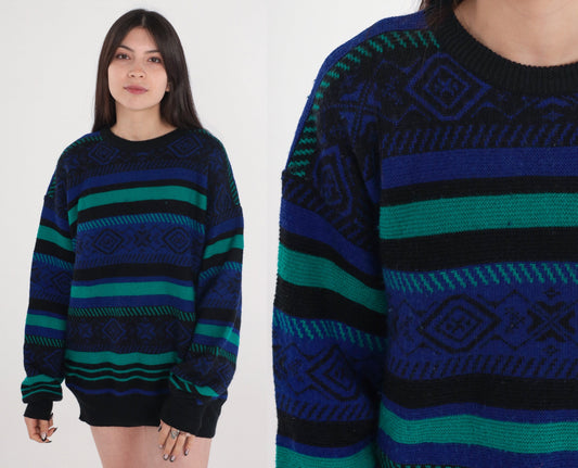 90s Meister Geometric Striped Sweater Black Purple Green Wool Blend Medium