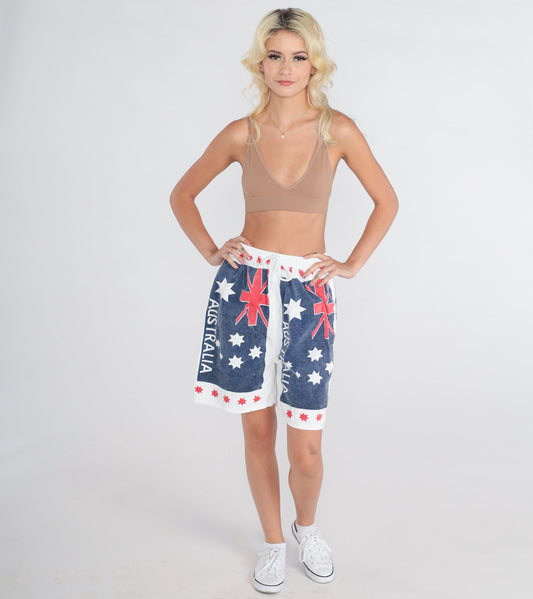 90s Australia Flag Print Drawstring Shorts Cotton High Waist Small Medium