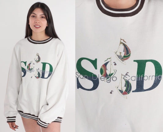 90s San Diego Sailboat Sweatshirt White Brown Graphic Ringer Neck XXL