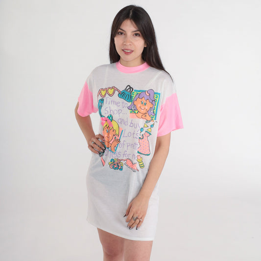90s Time To Shop Graphic Nightgown Hot Pink Ringer Dress Small Medium