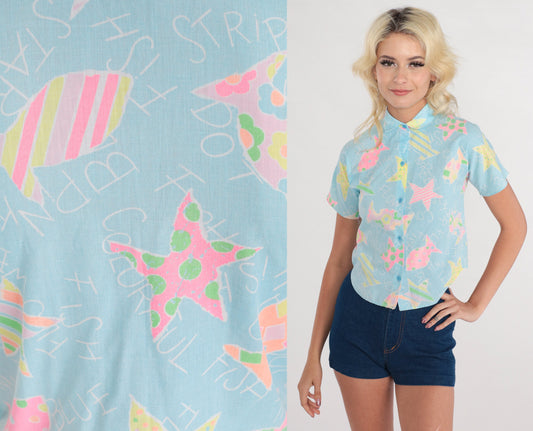 90s School Print Button-Up Blouse Star Fish Chalkboard Blue 2XS