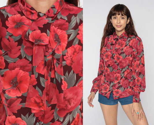 80s Jaeger Floral Ascot Blouse Red Button-Up Long Sleeve Small