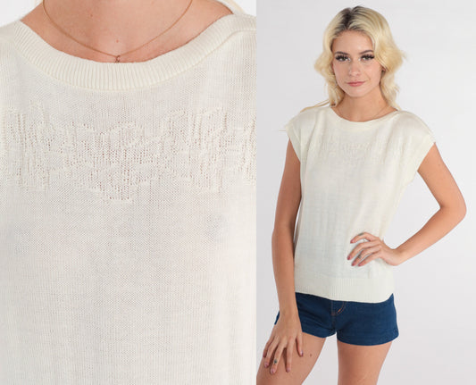 80s White Floral Knit Sweater Cap Sleeve Blouse Small S