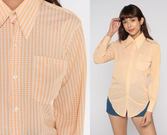 70s Checkered Dagger Collar Shirt Orange Plaid Button-Up Medium