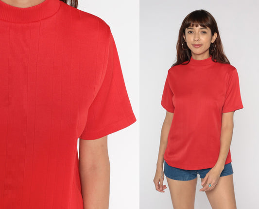 70s Red Mock Neck Ribbed Shirt Short Sleeve Vintage Blouse Medium Large