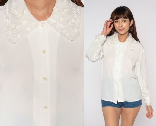 80s White Beaded Blouse Soutache Collar Button-Up Long Sleeve Small