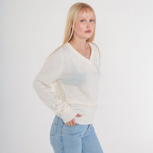80s White V-Neck Knit Pullover Sweater Semi-Sheer Small S