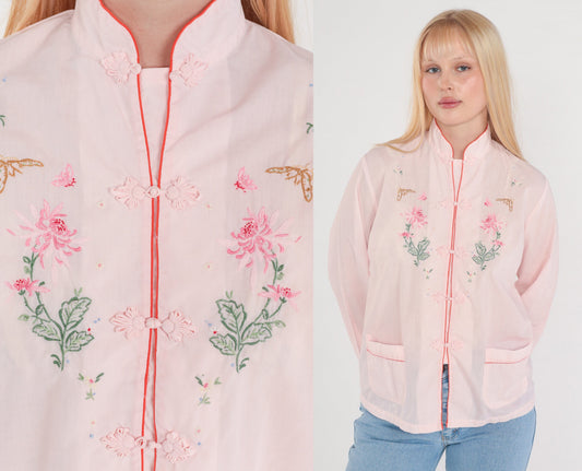 80s Baby Pink Mandarin Collar Blouse Butterfly Floral Embroidered Frog Button Small