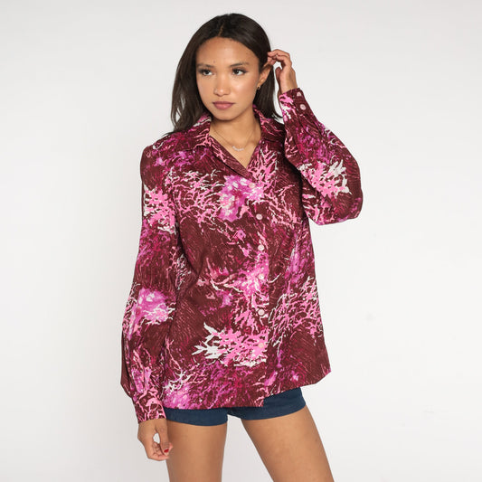 70s Burgundy Abstract Button-Up Blouse Dagger Collar Disco Shirt Extra Large