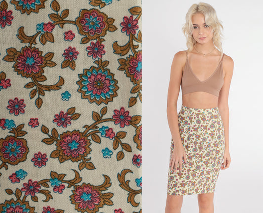 60s Floral Mini Skirt Cream Flower Print High Waisted Pencil Xs